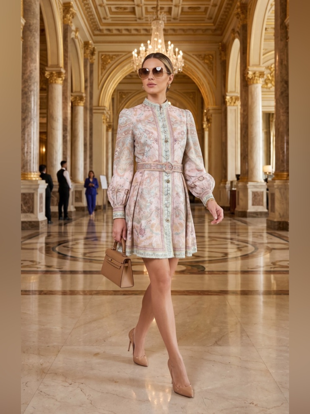 Pastel Paisley Long-Sleeve Mini Dress with Belt S/M